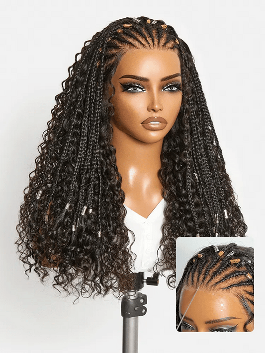 Natural Black Boho Cornrow Braids 13x4 Frontal Lace Deep Curly  Long Wig Pre-cut Lace