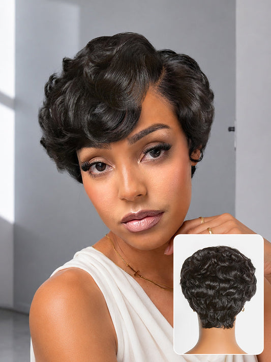 Beginner Friendly Natural Black Lightweight Roll Curl Glueless Minimalist HD Lace Short Pixie Cut Wig Pre Cut Lace